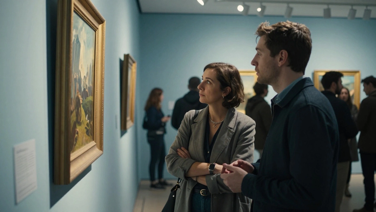 A companion and client engaged in thoughtful conversation while viewing art at a London gallery.