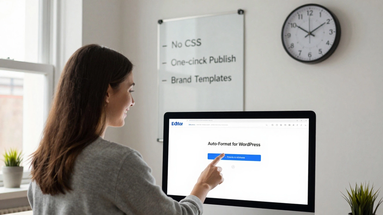 A small business owner clicking a one-click formatting button in a premium editor on her laptop.