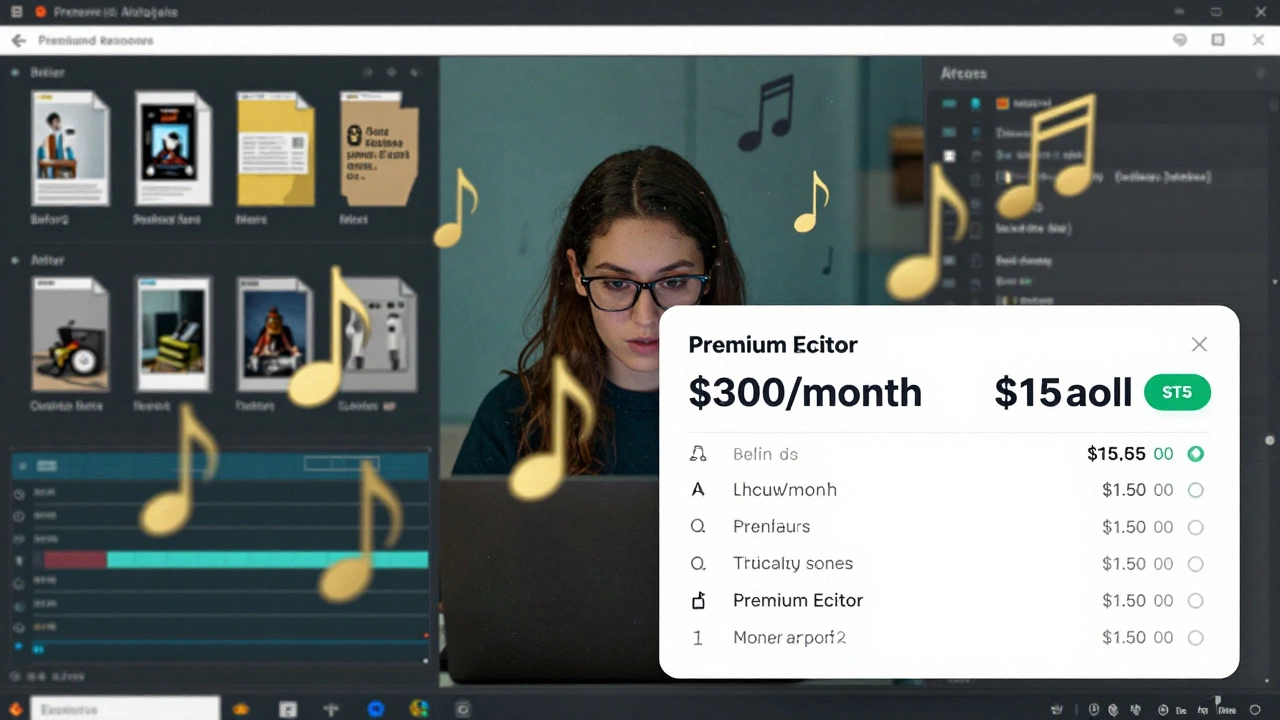 A video editor surrounded by digital music and motion graphics from her premium editing software.