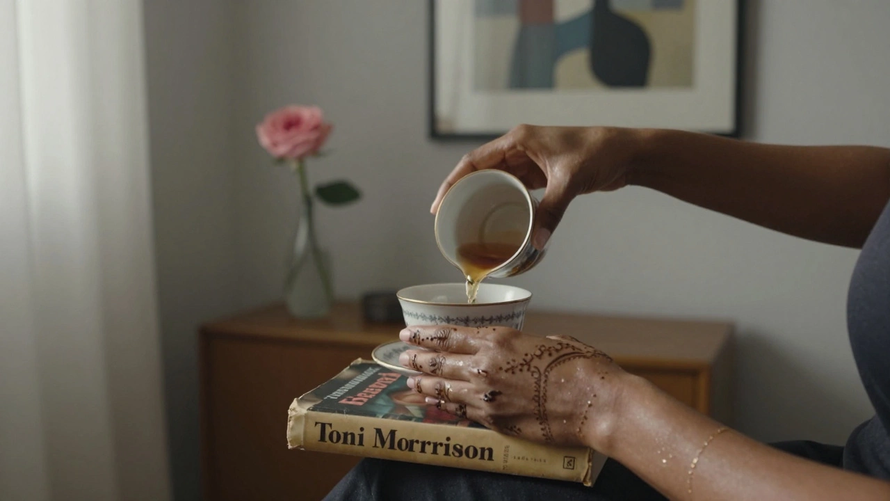 A woman&#039;s hands pour tea beside a book, sunlight highlighting her skin and henna details in a quiet apartment.