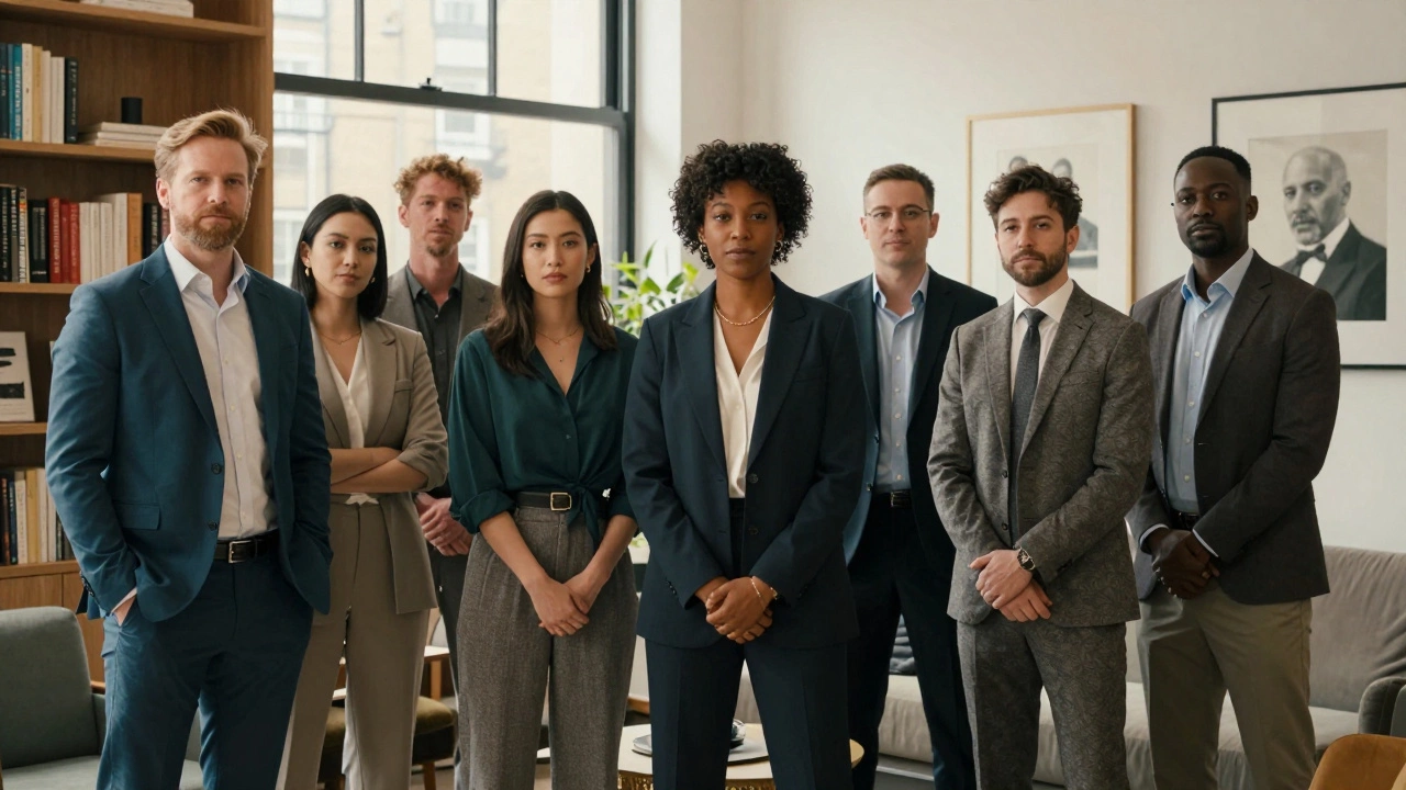 Professional companions in a sleek London agency lounge, each with distinct personalities and refined attire.