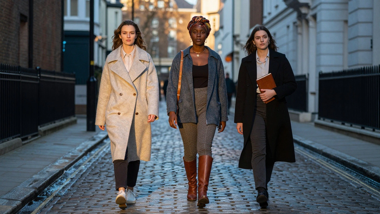 Three women of African and European descent walk confidently through a golden-hour London alley.
